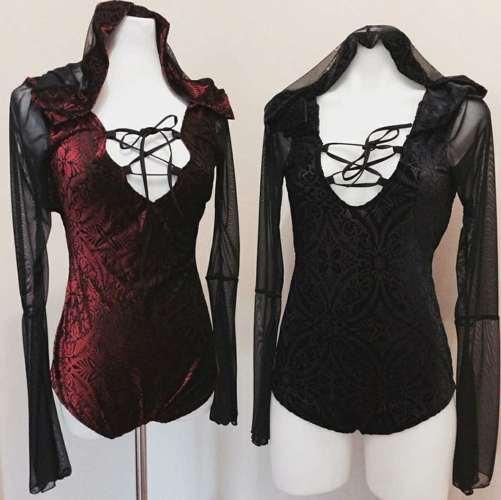Goth Red and Black Velvet Hooded One Piece
